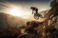 mountain biker flying through the air after jumping off cliff Royalty Free Stock Photo