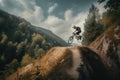 mountain biker flying through the air after jumping off cliff Royalty Free Stock Photo