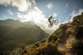 mountain biker flying through the air after jumping off cliff Royalty Free Stock Photo