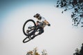 Mountain biker jumping over a dirt jump Royalty Free Stock Photo