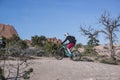 Mountain biker man riding his fat tire bike on slickrock in scenic desert of Moab, Utah