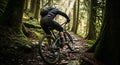 Mountain biker navigating a technical singletrack trail in a dense green forest Royalty Free Stock Photo