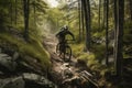 mountain biker navigating technical trail with twists and turns