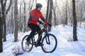 Mountain Biker Riding Bike on the Snowy Trail in the Beautiful Winter Forest Lit by Sun Royalty Free Stock Photo