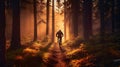 Mountain biker riding on bike in spring inspirational forest landscape. Man cycling on enduro trail track. Generative AI Royalty Free Stock Photo