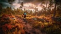 Mountain biker riding on bike in spring inspirational forest landscape. Man cycling on enduro trail track. Generative AI Royalty Free Stock Photo