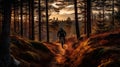 Mountain biker riding on bike in spring inspirational forest landscape. Man cycling on enduro trail track. Generative AI Royalty Free Stock Photo
