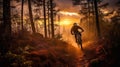 Mountain biker riding on bike in spring inspirational forest landscape. Man cycling on enduro trail track. Generative AI Royalty Free Stock Photo