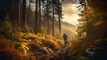 Mountain biker riding on bike in spring inspirational forest landscape. Man cycling on enduro trail track. Generative AI Royalty Free Stock Photo