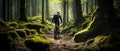 Mountain biker riding on bike in spring inspirational forest landscape. Man cycling MTB on enduro trail track. Sport Royalty Free Stock Photo