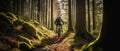 Mountain biker riding on bike in spring inspirational forest landscape. Man cycling MTB on enduro trail track. Sport Royalty Free Stock Photo