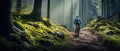 Mountain biker riding on bike in spring inspirational forest landscape. Man cycling MTB on enduro trail track. Sport