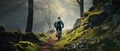 Mountain biker riding on bike in spring inspirational forest landscape. Man cycling MTB on enduro trail track. Sport