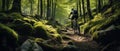 Mountain biker riding on bike in spring inspirational forest landscape. Man cycling MTB on enduro trail track. Sport Royalty Free Stock Photo