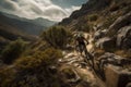 mountain biker riding down steep, rocky trail