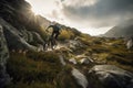 mountain biker riding down steep, rocky trail