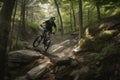 mountain biker riding down steep, rocky trail