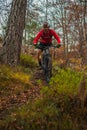 Mountain biker riding easy downhill in autumn setting on a picturesque green singletrack trail. Frontal view