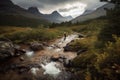 mountain biker riding past rushing stream, with view of the valley beyond