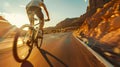 Mountain Biker Riding at Sunset on a Desert Trail. Generative ai