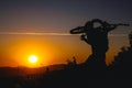 Mountain biker silhouette in sunset Royalty Free Stock Photo