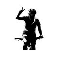 Mountain biker waving, victory. Woman riding bike. Cycling, isolated vector silhouette Royalty Free Stock Photo