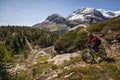 Mountain Bikers on a narrow trail in the Swiss Alps