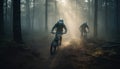 Mountain bikers speed through foggy forest terrain generated by AI Royalty Free Stock Photo