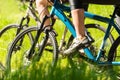 Mountain bikers wearing cycling shoes closeup