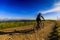 Mountain biking cycling at sunset in summer mountains forest lan Royalty Free Stock Photo