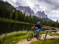 Mountain biking in the Dolomites, Misurina, Italy. Tre Cime di L Royalty Free Stock Photo