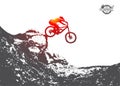 Mountain biking, downhill, freeride, extreme sport illustration. Vector Silhouette. Jumping from hill on the bike