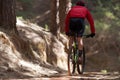 Mountain biking man riding on bike in summer mountains forest