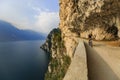 Mountain biking at sunrise woman over Lake Garda on path Sentiero della Ponale, Riva del Garda, Italy