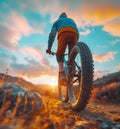 Mountain biking at sunset, capturing essence of adventure and outdoor thrill. Silhouette of cyclist on rugged trail against golden Royalty Free Stock Photo