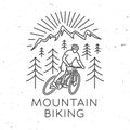 Mountain biking. Vector illustration. Concept for shirt or logo, print, stamp or tee. Vintage line art design with man Royalty Free Stock Photo