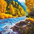 Mountain blue river running away into golden autumn - Original oil painting on canvas. Beautiful landscape. Modern impressionism Royalty Free Stock Photo