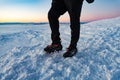 Mountain Boot with crampons on while hiking in the mountains in winter. Royalty Free Stock Photo