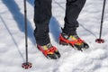 Mountain boots with GrÃ¶del and hiking poles on snow