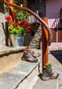 mountain boots used as flower stands on stone steps and flowerpot of iron with geranium