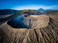 Mountain Bromo active volcano crater in East Jawa, Indonesia. Top view from drone fly Royalty Free Stock Photo