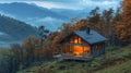 eco-friendly mountain retreat, mountain cabin with big windows showcasing stunning views promotes eco-conscious travel