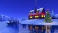 Mountain cabin and christmas tree at winter night Royalty Free Stock Photo