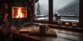 mountain cabin cozy fireplace hot chocolate generative AI Royalty Free Stock Photo