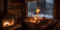 mountain cabin cozy fireplace hot chocolate one generative AI