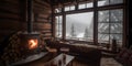 mountain cabin cozy fireplace hot chocolate three generative AI Royalty Free Stock Photo