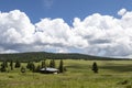 Mountain Cabin, Forest, Clouds, Meadow