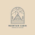 mountain cabin line art logo minimalist with sun and pine tree vector illustration design Royalty Free Stock Photo