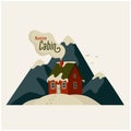 Mountain cabin. Red house in snowy mountains on light background.