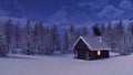 Mountain cabin and snowbound fir forest at night 4K